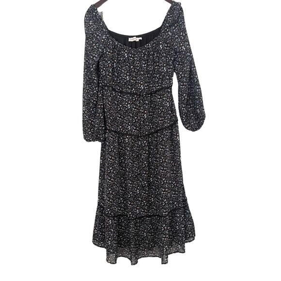 Floret Studios Juliet Floral Long Sleeve Tiered Black Blue Midi Dress Size S - Picture 2 of 6